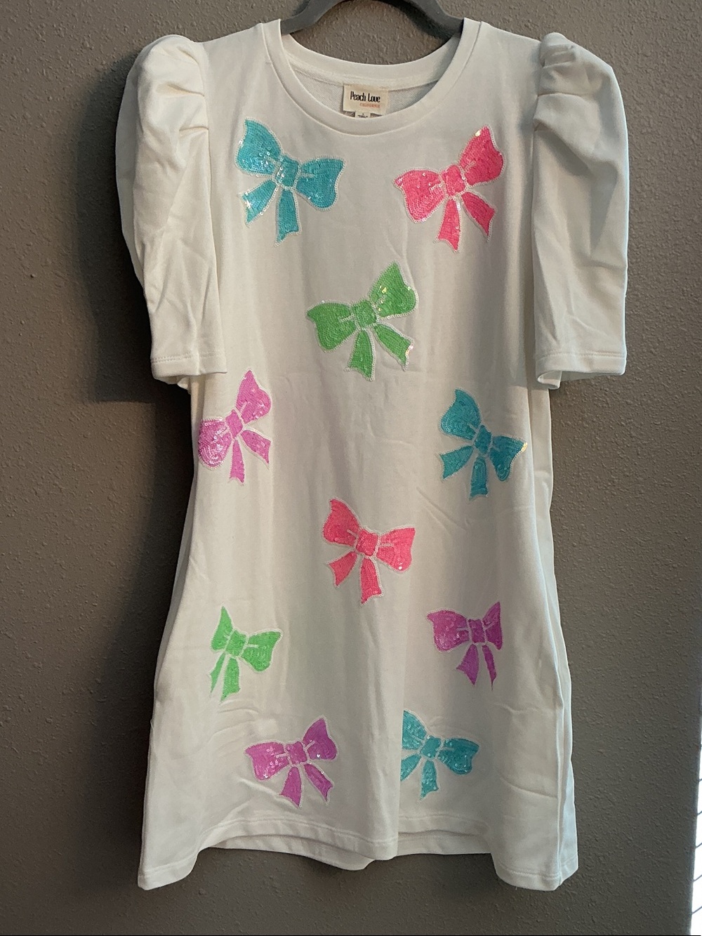 Peach Love California White Mini Dress with Glitter Bow Appliqués